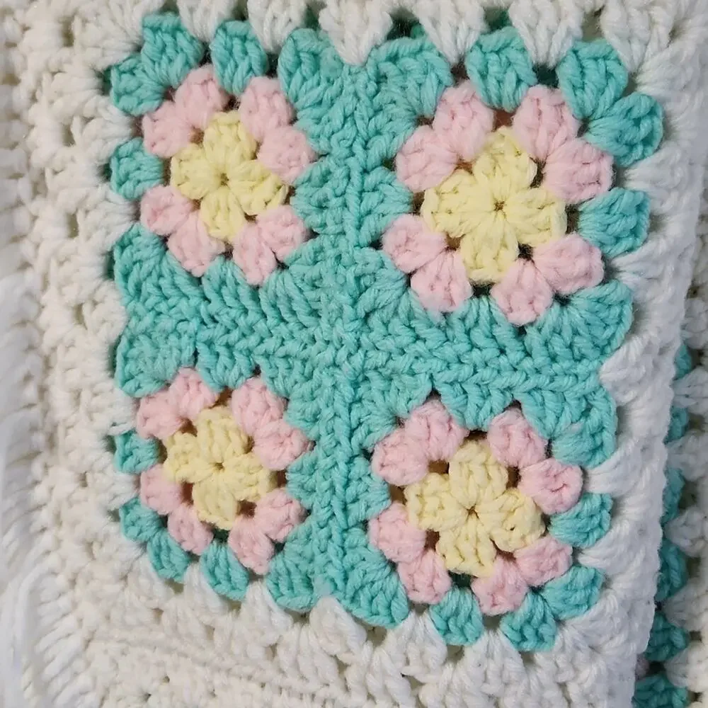 Gender‎ Neutral Handmade Crocheted Baby Blanket Multi-Colored Fringe 57x44 Crib